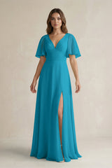 Flutter Sleeve V-Neck A-Line Chiffon Bridesmaid Dress in Blue Jay