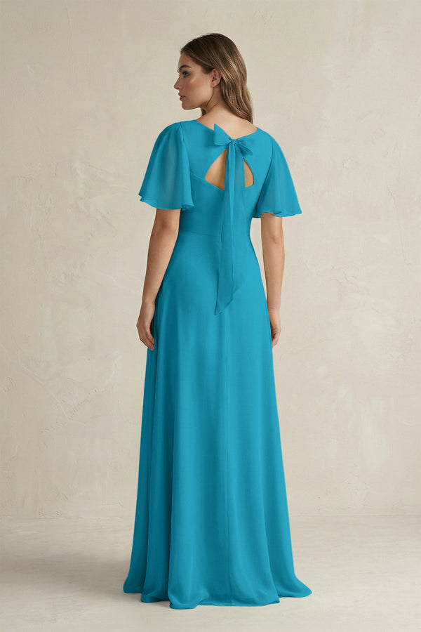 Flutter Sleeve V-Neck A-Line Chiffon Bridesmaid Dress in Blue Jay