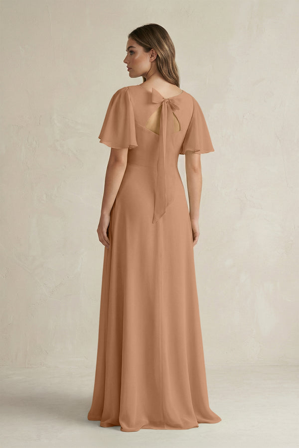 Flutter Sleeve V-Neck A-Line Chiffon Bridesmaid Dress in Bronzer