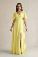 Flutter Sleeve V-Neck A-Line Chiffon Bridesmaid Dress in Buttercup