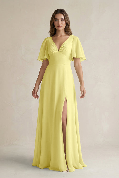 Flutter Sleeve V-Neck A-Line Chiffon Bridesmaid Dress in Buttercup