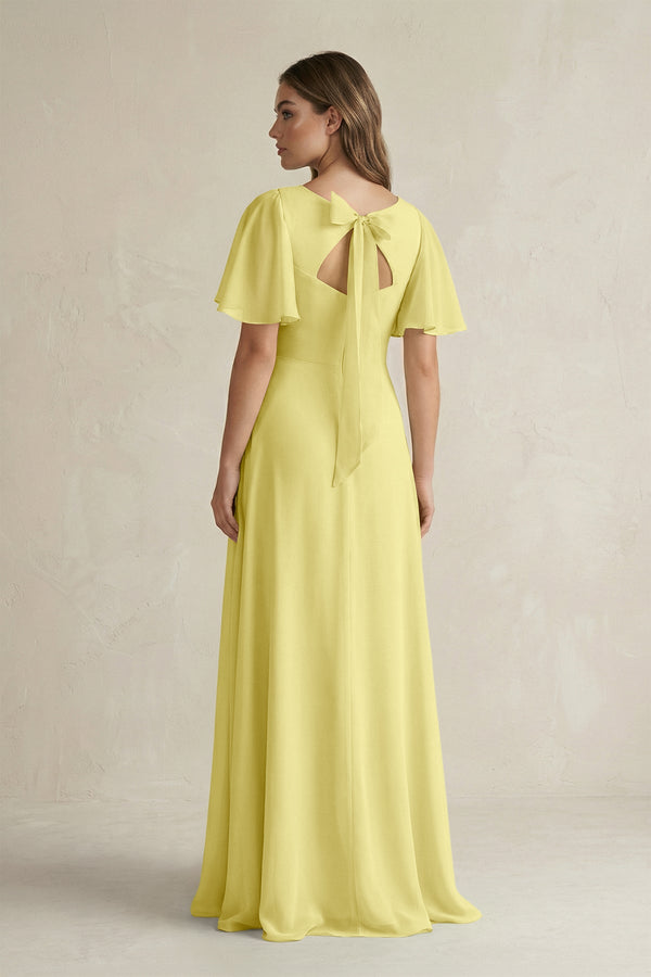 Flutter Sleeve V-Neck A-Line Chiffon Bridesmaid Dress in Buttercup