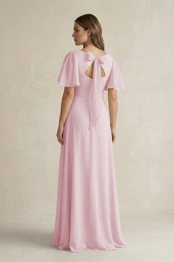 Flutter Sleeve V-Neck A-Line Chiffon Bridesmaid Dress in Candy Pink