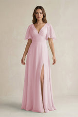 Flutter Sleeve V-Neck A-Line Chiffon Bridesmaid Dress in Candy Pink