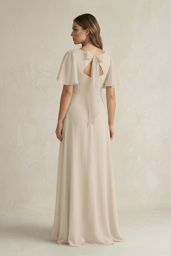 Flutter Sleeve V-Neck A-Line Chiffon Bridesmaid Dress in Champagne