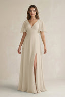 Flutter Sleeve V-Neck A-Line Chiffon Bridesmaid Dress in Champagne