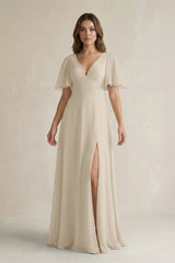 Flutter Sleeve V-Neck A-Line Chiffon Bridesmaid Dress in Champagne