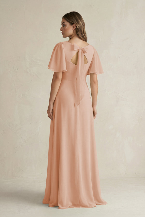 Flutter Sleeve V-Neck A-Line Chiffon Bridesmaid Dress in Champagne Rose