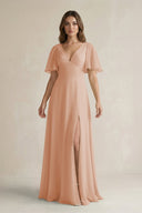 Flutter Sleeve V-Neck A-Line Chiffon Bridesmaid Dress in Champagne Rose