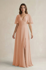 Flutter Sleeve V-Neck A-Line Chiffon Bridesmaid Dress in Champagne Rose