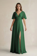 Flutter Sleeve V-Neck A-Line Chiffon Bridesmaid Dress in Dark Green