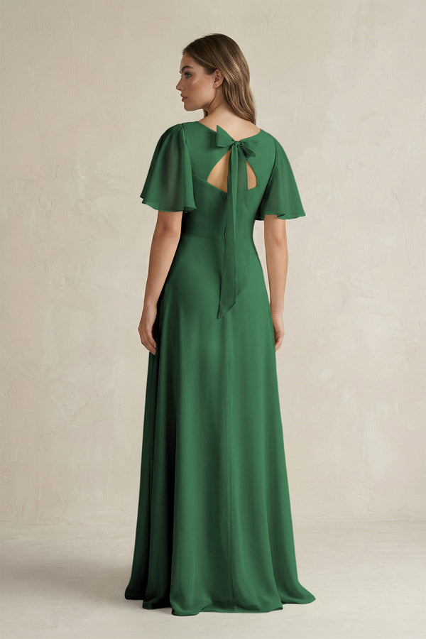 Flutter Sleeve V-Neck A-Line Chiffon Bridesmaid Dress in Dark Green