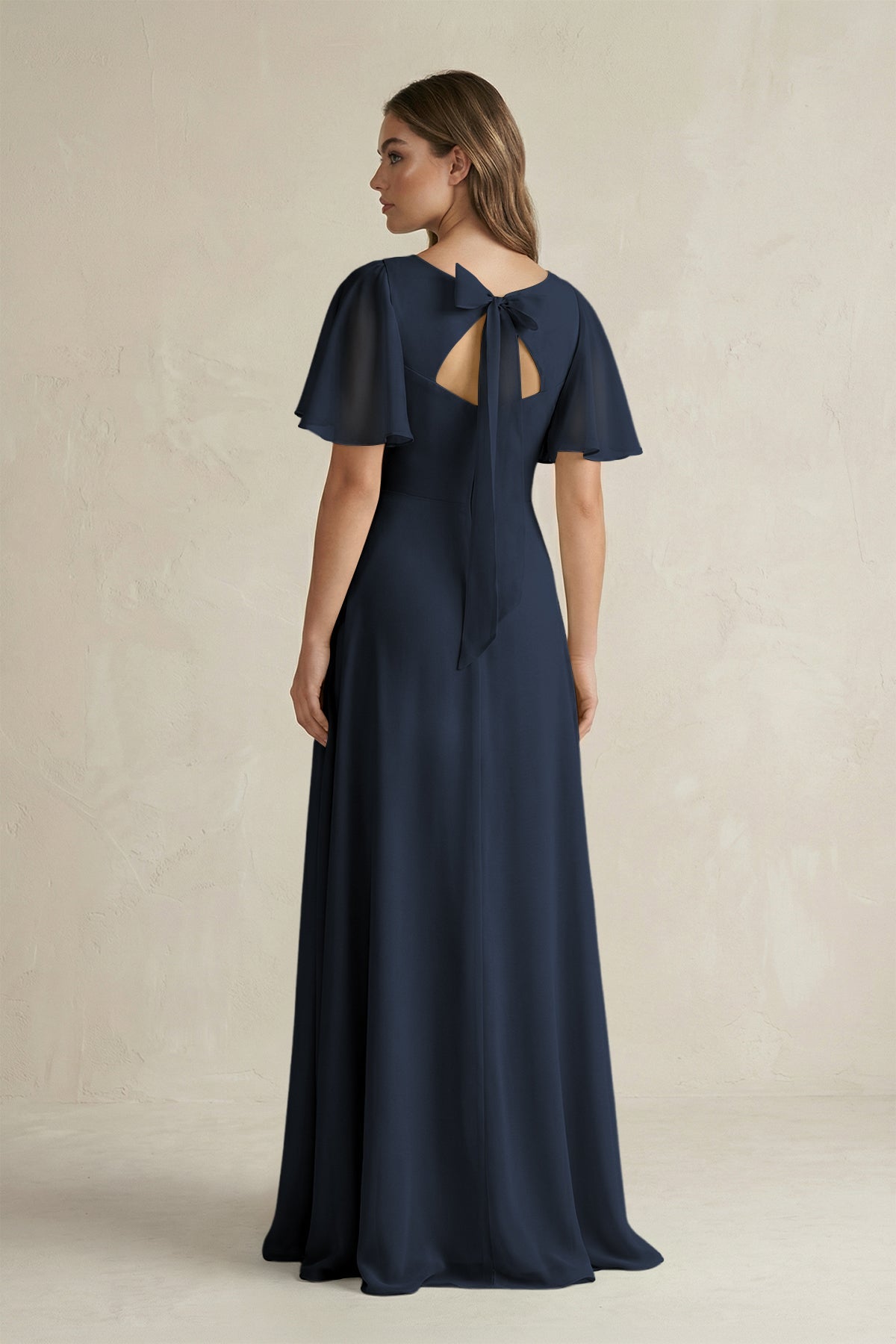 KissProm Flutter Sleeve V-Neck A-Line Chiffon Bridesmaid Dress in Dark Navy, Dark Navy / 2