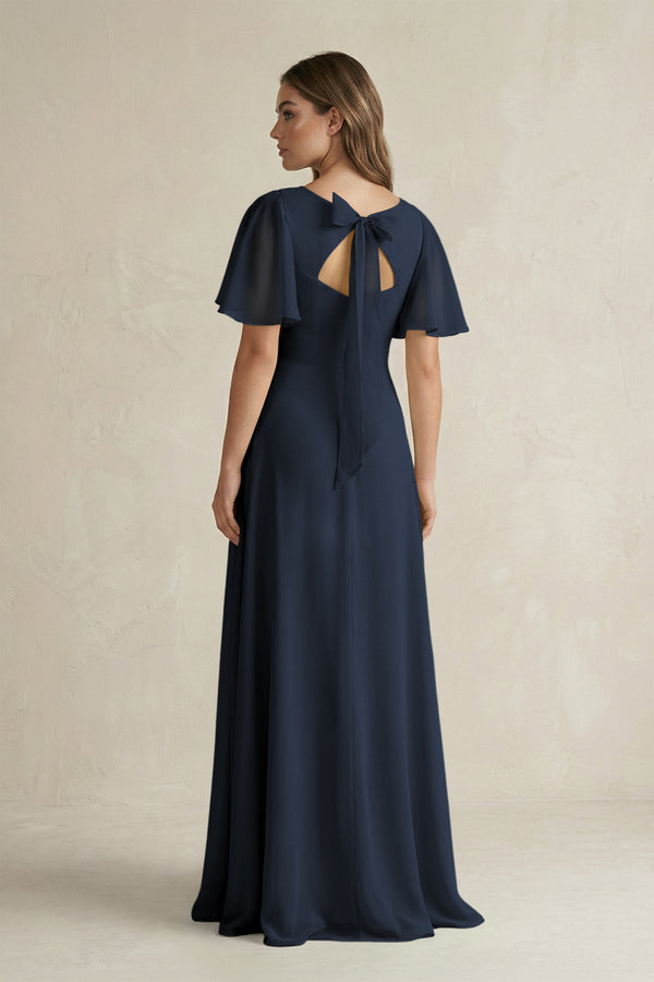Flutter Sleeve V-Neck A-Line Chiffon Bridesmaid Dress in Dark Navy