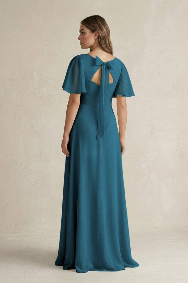 Flutter Sleeve V-Neck A-Line Chiffon Bridesmaid Dress in Dark Teal