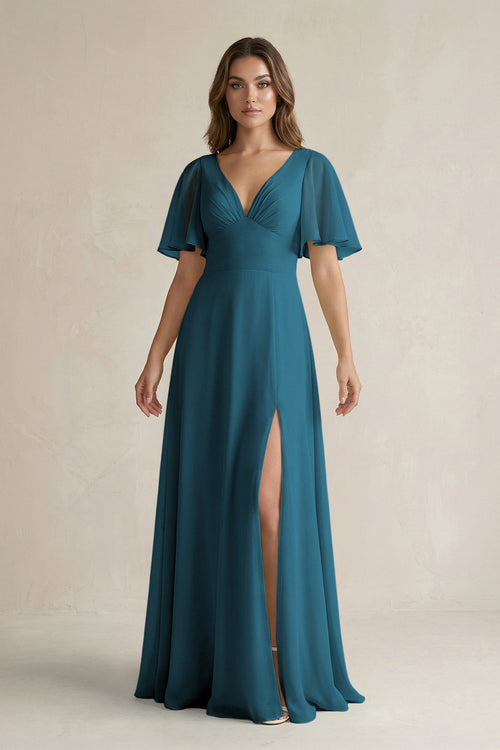 Flutter Sleeve V-Neck A-Line Chiffon Bridesmaid Dress in Dark Teal