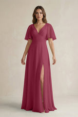 Flutter Sleeve V-Neck A-Line Chiffon Bridesmaid Dress in Desert Rose