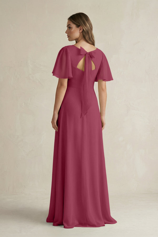 Flutter Sleeve V-Neck A-Line Chiffon Bridesmaid Dress in Desert Rose