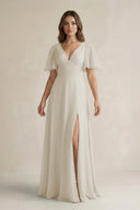 Flutter Sleeve V-Neck A-Line Chiffon Bridesmaid Dress in Dove Gray