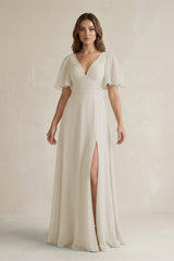 Flutter Sleeve V-Neck A-Line Chiffon Bridesmaid Dress in Dove Gray