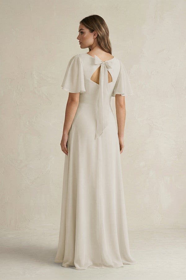 Flutter Sleeve V-Neck A-Line Chiffon Bridesmaid Dress in Dove Gray
