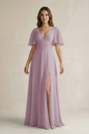 Flutter Sleeve V-Neck A-Line Chiffon Bridesmaid Dress in Dusk