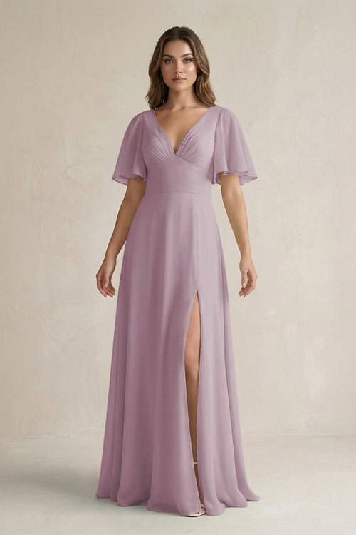Flutter Sleeve V-Neck A-Line Chiffon Bridesmaid Dress in Dusk
