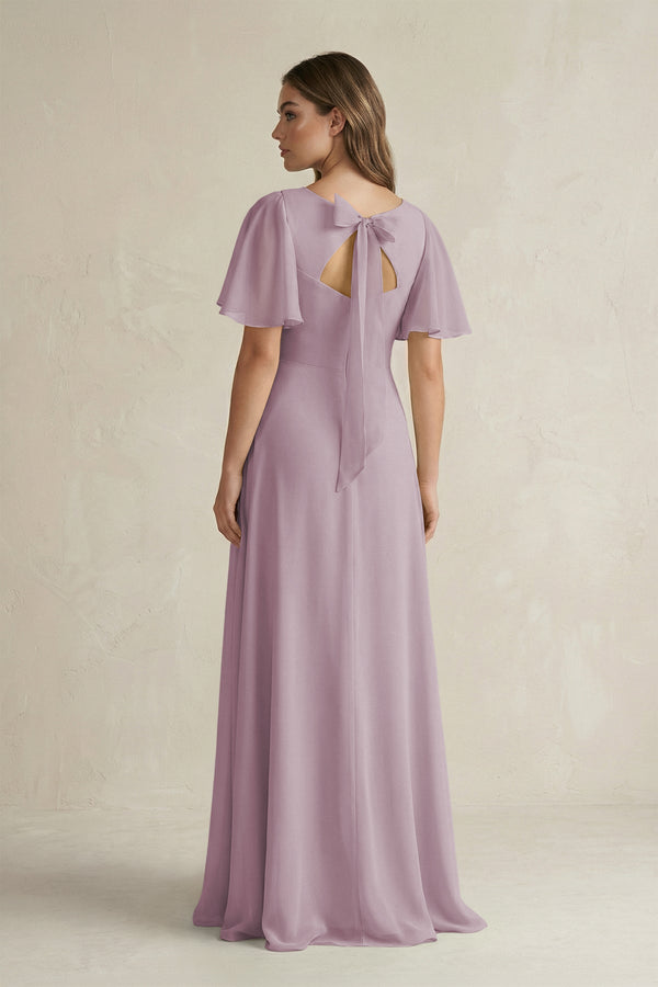 Flutter Sleeve V-Neck A-Line Chiffon Bridesmaid Dress in Dusk