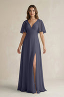 Flutter Sleeve V-Neck A-Line Chiffon Bridesmaid Dress in Dusk Blue