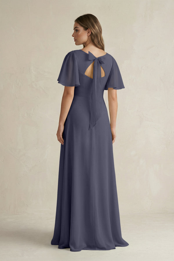 Flutter Sleeve V-Neck A-Line Chiffon Bridesmaid Dress in Dusk Blue