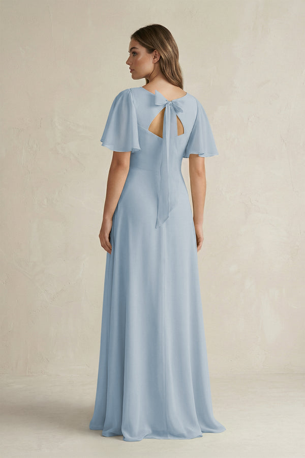 Flutter Sleeve V-Neck A-Line Chiffon Bridesmaid Dress in Dusty Blue