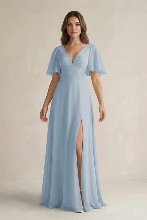 Flutter Sleeve V-Neck A-Line Chiffon Bridesmaid Dress in Dusty Blue