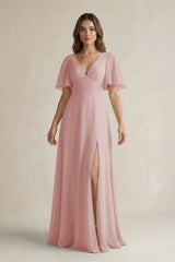 Flutter Sleeve V-Neck A-Line Chiffon Bridesmaid Dress in Dusty Rose