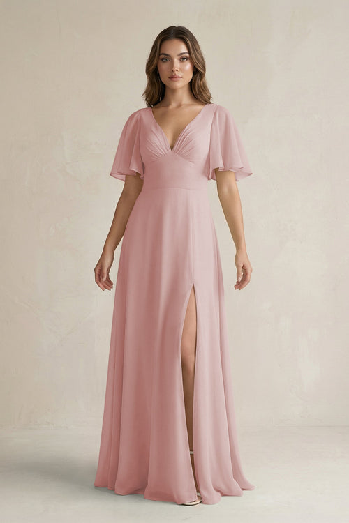 Flutter Sleeve V-Neck A-Line Chiffon Bridesmaid Dress in Dusty Rose
