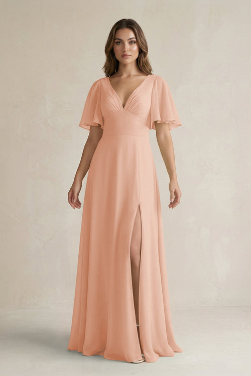 Flutter Sleeve V-Neck A-Line Chiffon Bridesmaid Dress in English Rose