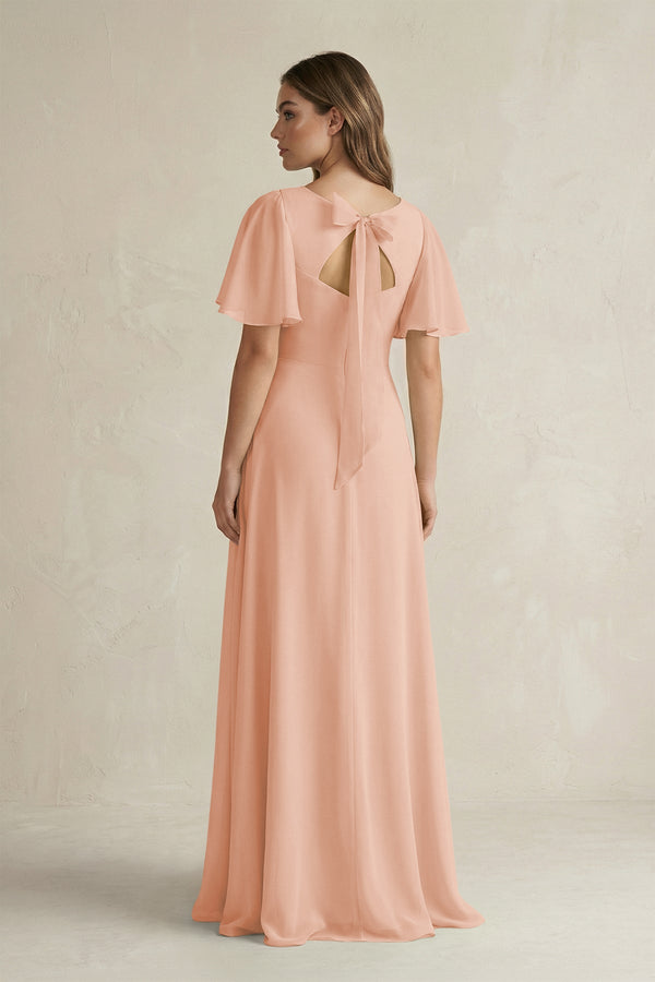 Flutter Sleeve V-Neck A-Line Chiffon Bridesmaid Dress in English Rose
