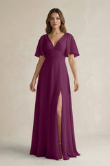 Flutter Sleeve V-Neck A-Line Chiffon Bridesmaid Dress in Fig