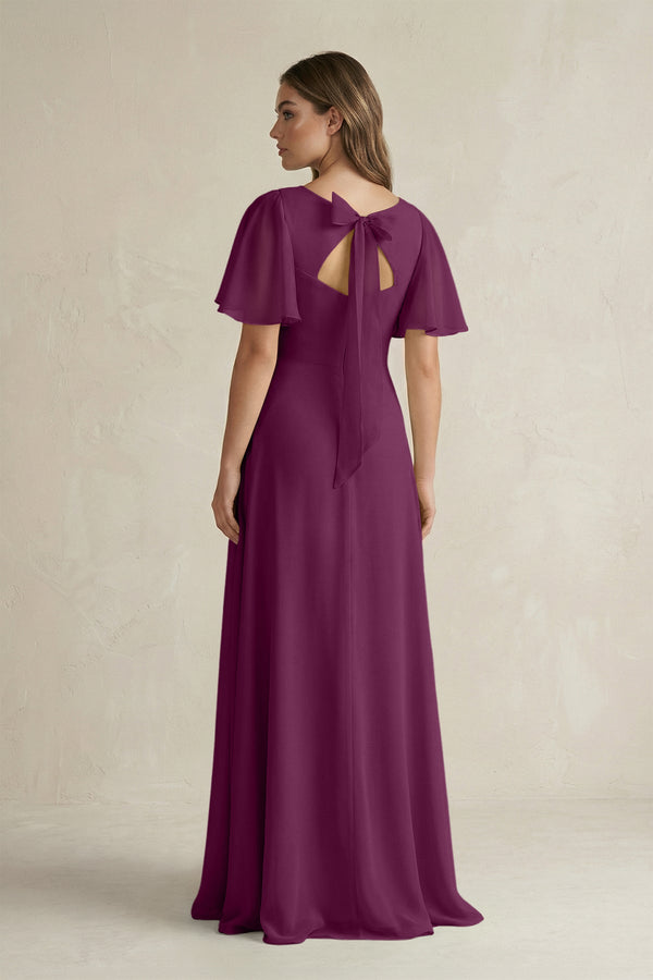 Flutter Sleeve V-Neck A-Line Chiffon Bridesmaid Dress in Fig