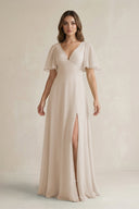 Flutter Sleeve V-Neck A-Line Chiffon Bridesmaid Dress in Frost
