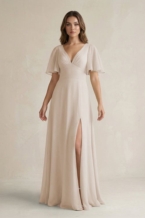 Flutter Sleeve V-Neck A-Line Chiffon Bridesmaid Dress in Frost