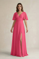 Flutter Sleeve V-Neck A-Line Chiffon Bridesmaid Dress in Fuchsia