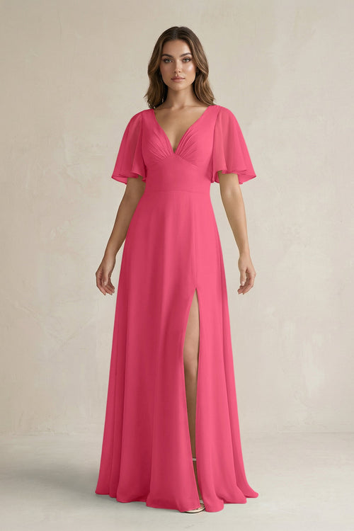 Flutter Sleeve V-Neck A-Line Chiffon Bridesmaid Dress in Fuchsia