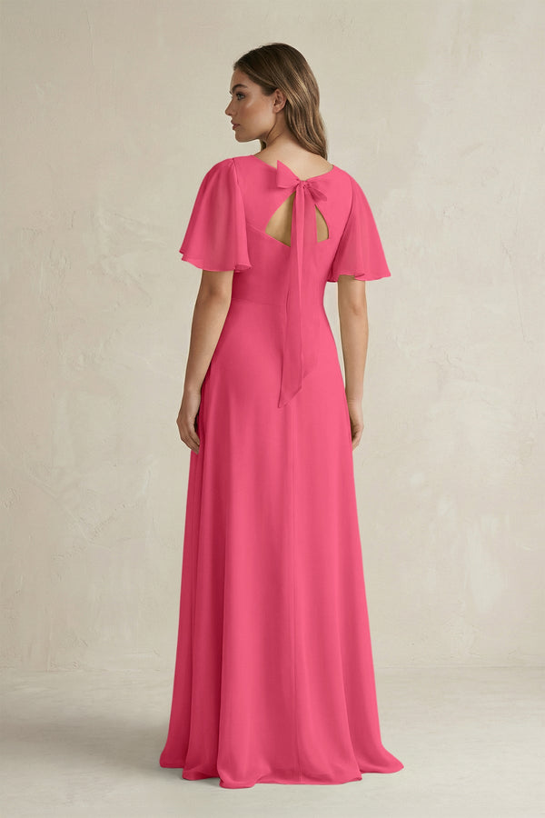 Flutter Sleeve V-Neck A-Line Chiffon Bridesmaid Dress in Fuchsia