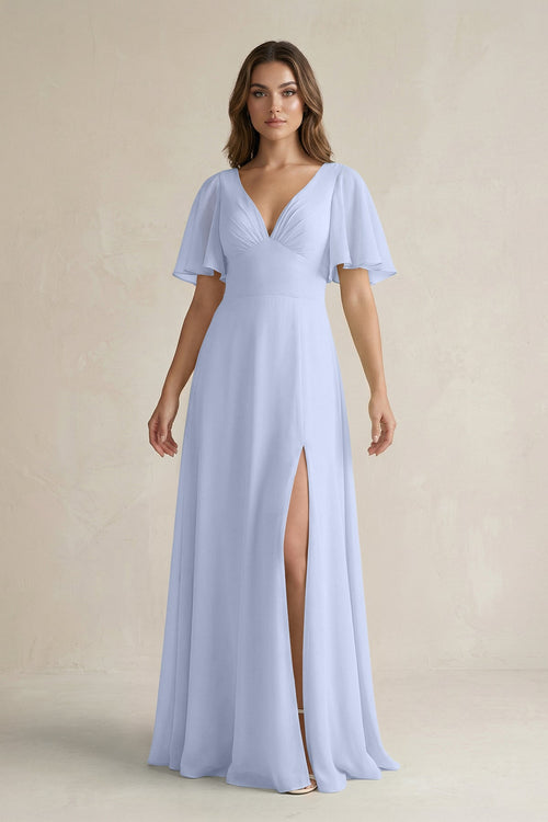 Flutter Sleeve V-Neck A-Line Chiffon Bridesmaid Dress in Ice