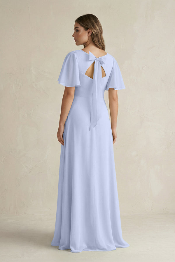 Flutter Sleeve V-Neck A-Line Chiffon Bridesmaid Dress in Ice