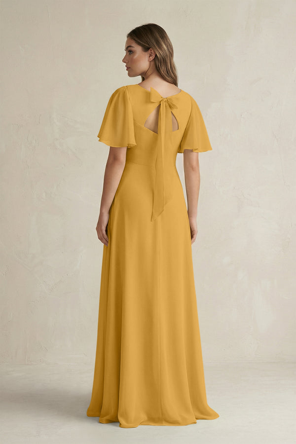 Flutter Sleeve V-Neck A-Line Chiffon Bridesmaid Dress in Marigold