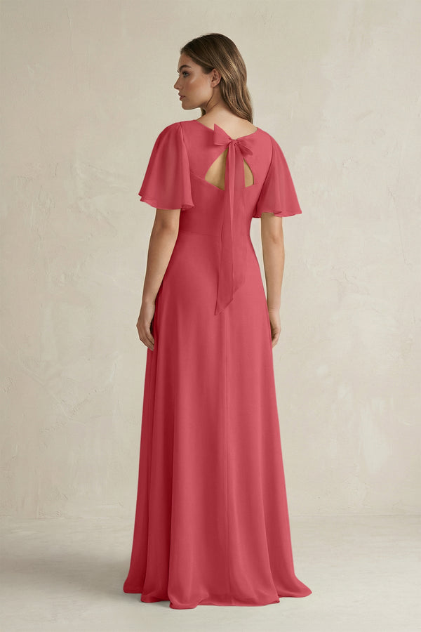 Flutter Sleeve V-Neck A-Line Chiffon Bridesmaid Dress in Merlot