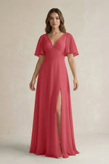Flutter Sleeve V-Neck A-Line Chiffon Bridesmaid Dress in Merlot