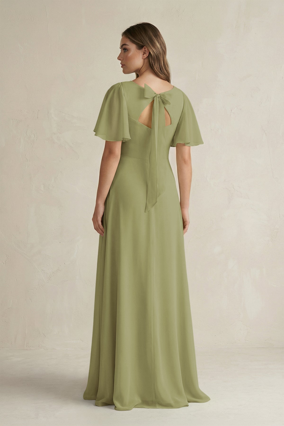 flutter sleeve green dress KissProm V-Neck A-Line Chiffon Bridesmaid in Moss Green, Moss / 4 pink ruffles proof addition to your Sage Green Prom Dresses Size:XL/XXL