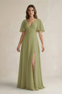 Flutter Sleeve V-Neck A-Line Chiffon Bridesmaid Dress in Moss Green
